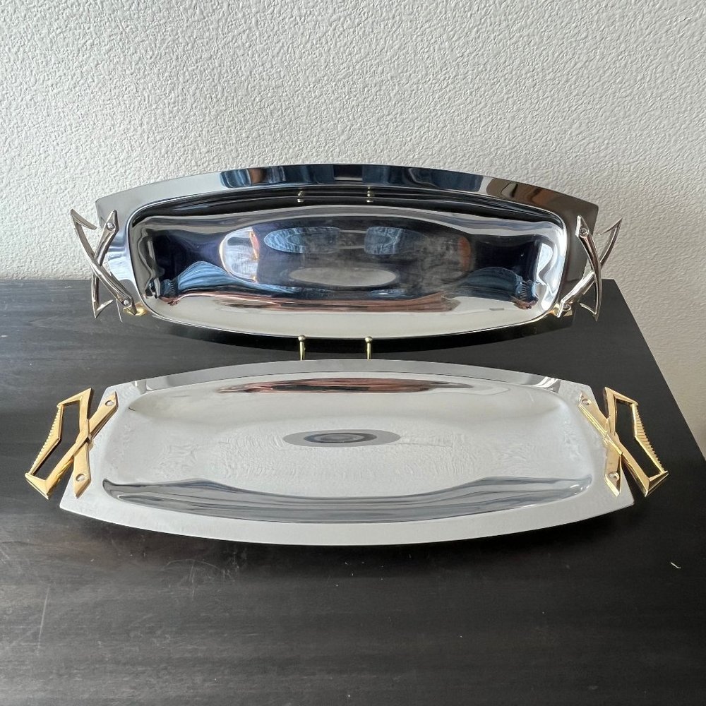 Set of 2 Oblong Kromex Chrome Serving Trays // Vintage 1960s // MCM Atomic